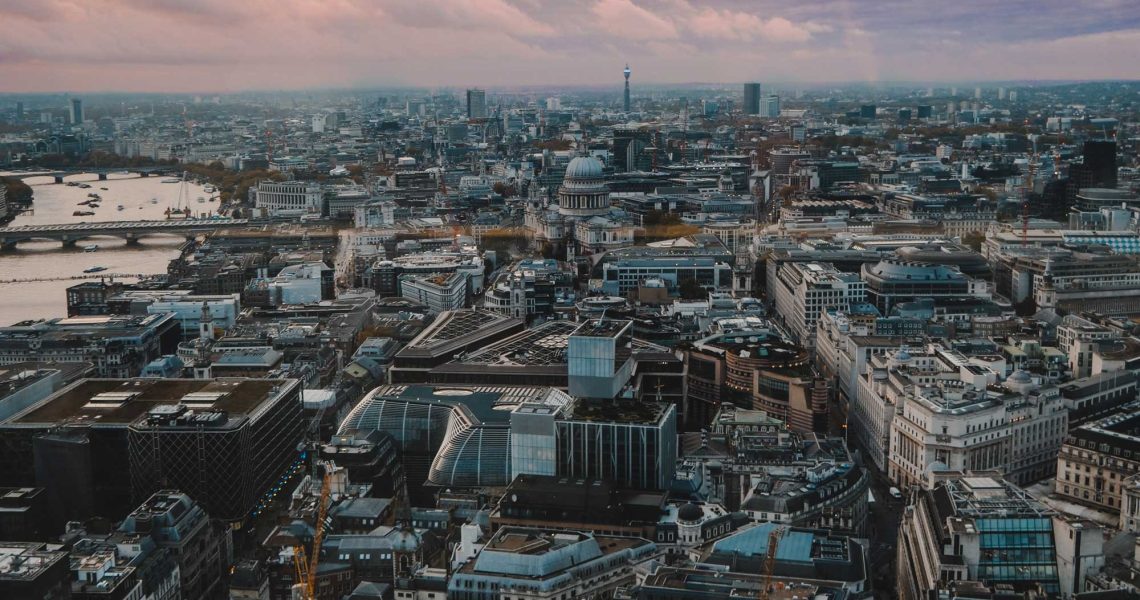 aerial view of city at dusk